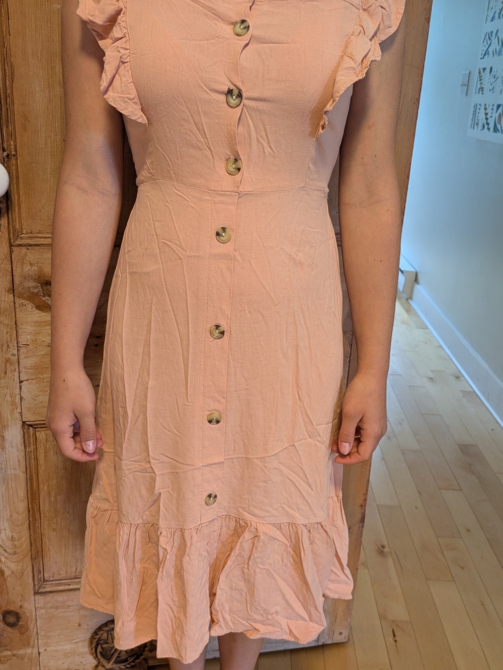 Monteau Peach Button-Front Ruffle Midi Dress